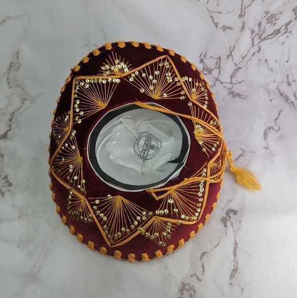 Vintage Pigalle Sombrero Mexican Hat Red Gold Sequin Velvet Yellow - Picture 7 of 13